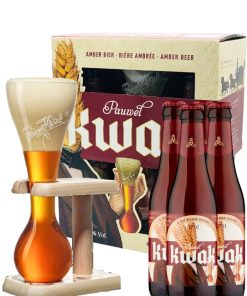 Kwak Ambree Collection Gift Box – cl 33 x 4 bottiglie vetro + Bicchiere vetro Kwak con Stand in Legno
