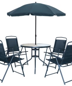 Set da Giardino in Acciaio e Textilene con Tavolo Pino Vetro + 4 Sedie + Ombrellone FUNNY BLACK