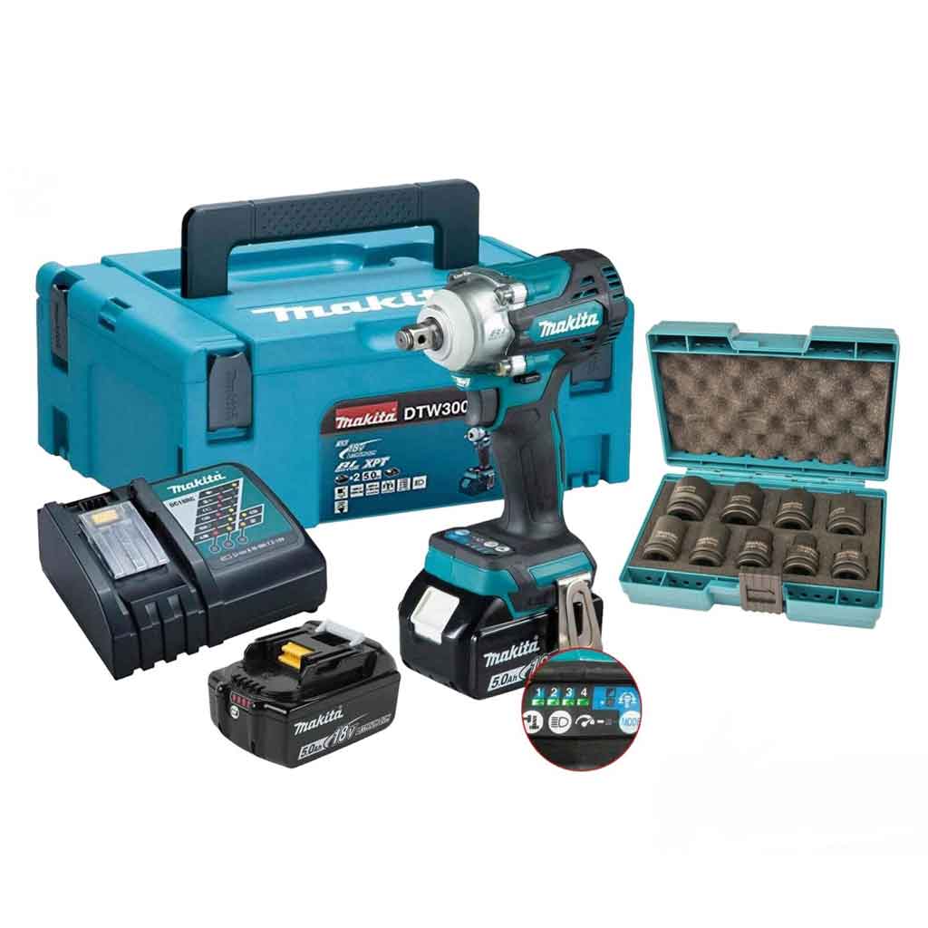 Makita DTW300RTJX Avvitatore ad impulsi 1/2″ Brushless 18V 330 Nm – con batteria e Kit Bussole