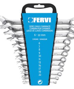 Serie 12 Chiavi Combinate Fisse a Stella FERVI dalla 6 alla 22 Cromate Satinate Cr-V Poligonali Set Kit con Supporto in Plastica 0073
